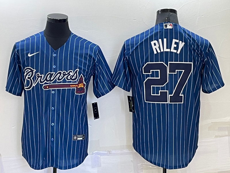 Men's Atlanta Braves #27 Austin Riley Navy Cool Base Stitched Baseball Jersey Men's Atlanta Braves #27 Austin Riley Navy Cool Base Stitched Baseball Jersey